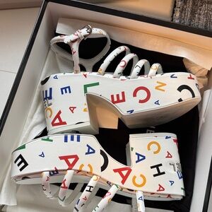 CHANEL White Multicolor Letter-Print Platform Sandals